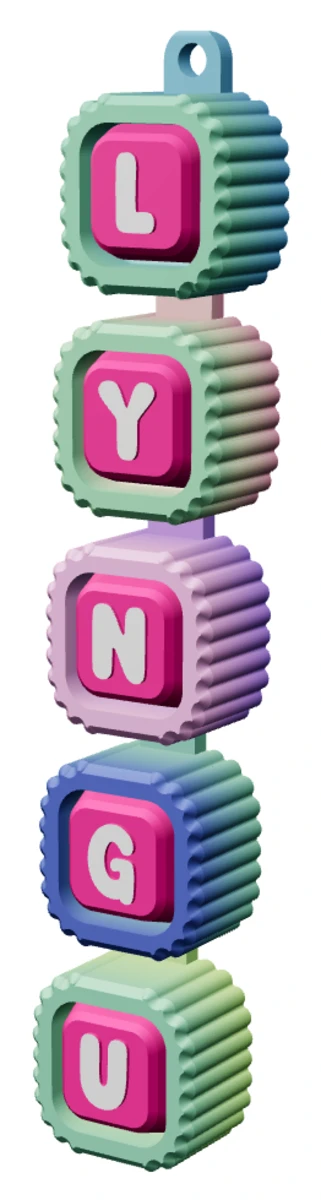 Móc khóa Alphabet Clicker chữ LYNGU — góc ba phần tư trái