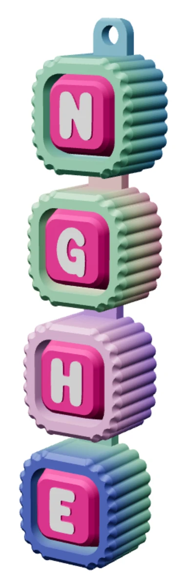 Móc khóa Alphabet Clicker chữ NGHE — góc ba phần tư trái