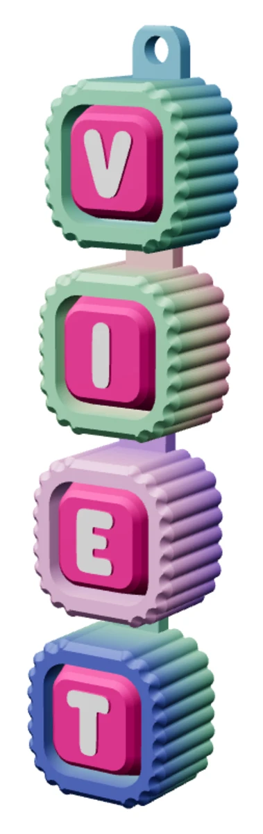 Móc khóa Alphabet Clicker chữ VIET — góc ba phần tư trái